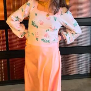 Floral Square Neck Puff Sleeve Sweater - Pink & Green